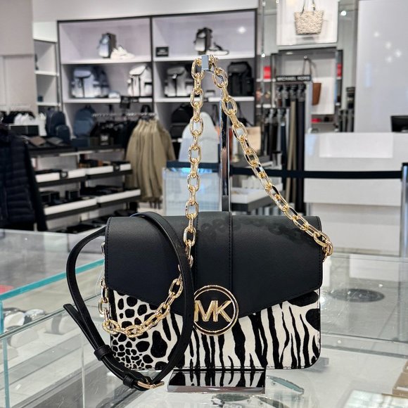 Michael Kors Carmen Medium Convertible Flap Chain Shoulder Bag Black Haircalf - Picture 1 of 11